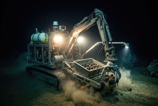Heavy deep water robotic excavator gathering seafloor mineral deposits