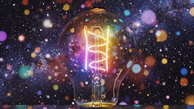Light bulb with colorful filament in space ideal for sleek commercial backgrounds and title sequences