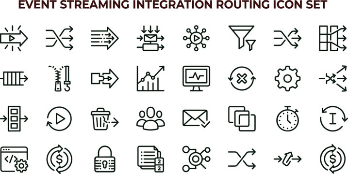 Event Streaming Integration Routing Icon Set Featuring Messaging Automation Workflow Processing and Distributed System Concepts