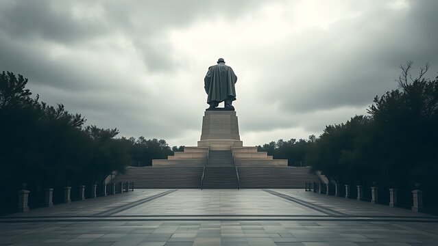 Massive statue overlooking empty plaza, symbolizing absolute authority.
