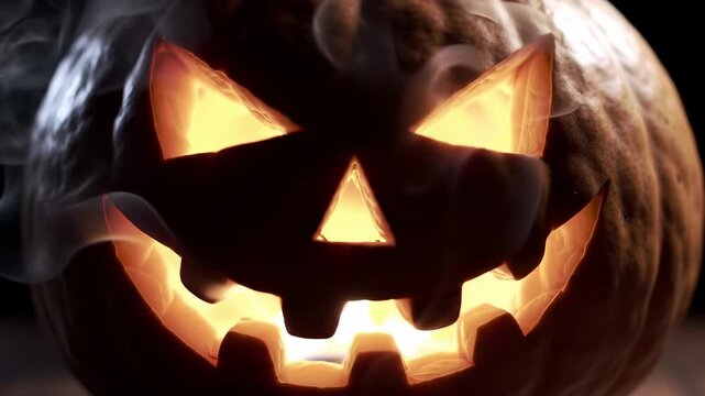 Carved gourd glows with eerie light and smoke, in dark background