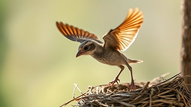 A young bird's first flight attempt, wings flapping as it descends.