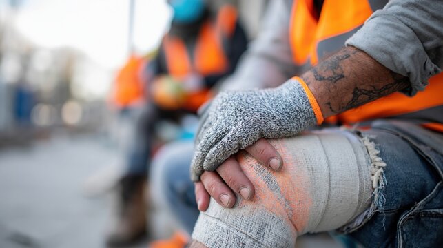 Construction Worker Resting with Injured Knee Bandaged, Wearing High-Visibility Vest and Protective Gloves