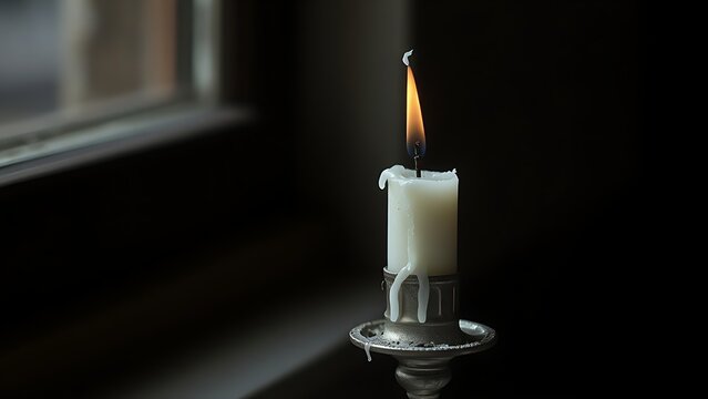 A single extinguished white candle with wax drippings on a tarnished holder.