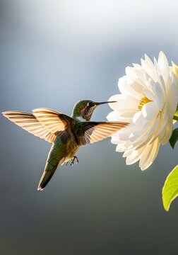 A stunning golden hummingbird hovers near a blooming white flower in the bright morning sunlight, displaying its vibrant wings in mid-air, vibrant, hovering, nectar