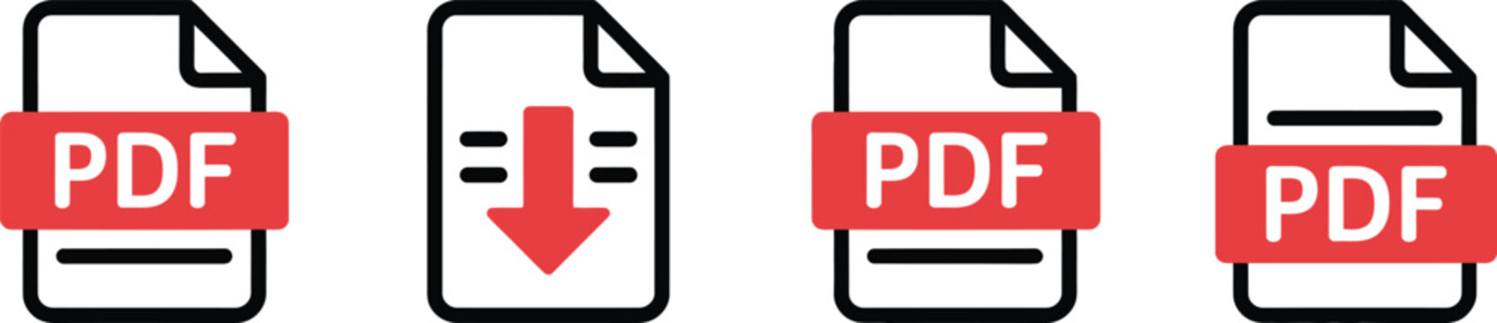 Four pdf file and a download arrow on white background