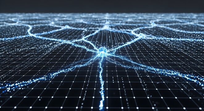 Abstract Digital Network with Glowing Blue Data Connections on a Dark Grid Background
