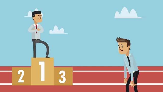 Business competition concept with winner on podium and defeated rival on running track background in 2d animation motion graphics.
