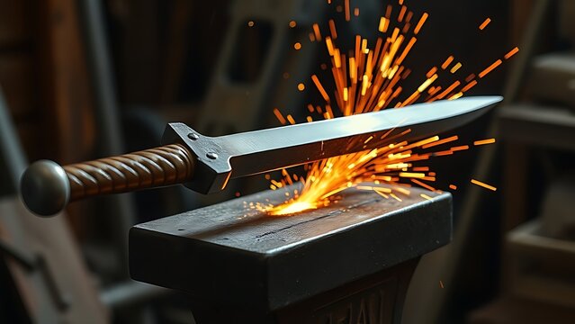 Broken sword being hammered on anvil, glowing metal with flying sparks.