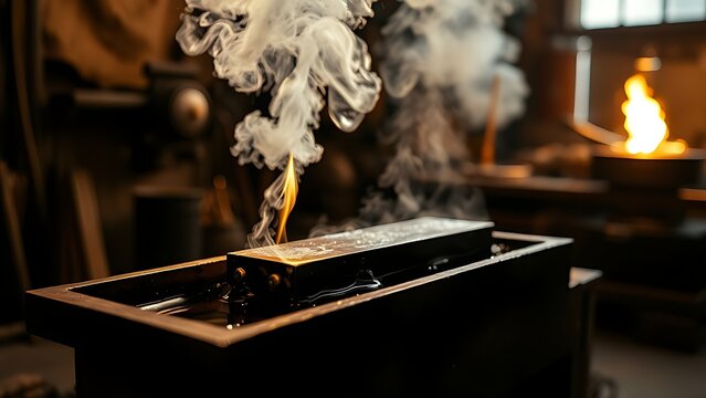 Blacksmith quenching glowing metal in water, plume of steam erupting.