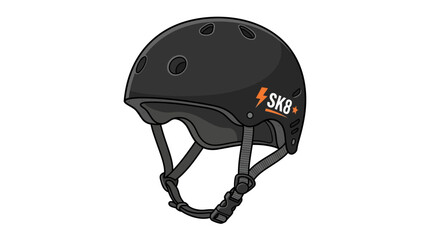 Fototapeta premium Black skateboard helmet with orange lightning bolt logo and SK8 text