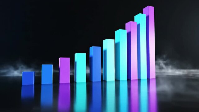 Stylized 3d bar chart with rising columns in cyan, blue and magenta on reflective surface against dark smoky background