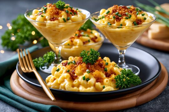 Gourmet mac and cheese served in martini glasses