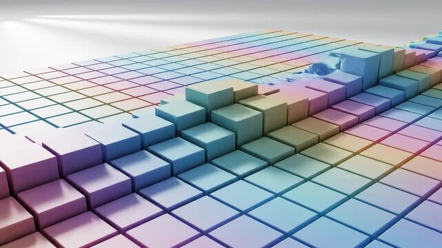 Abstract 3d scene of multicolored glossy cubes forming a stepped grid with pastel gradient lighting, soft shadows, and reflective surface