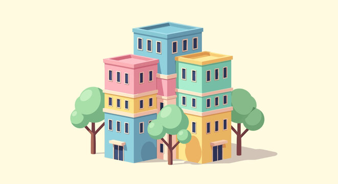 Colorful stacked residential apartment buildings.