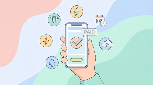 Hand holding smartphone showing utility bill payment confirmation