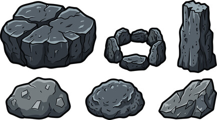 Dark Grey Boulder and Cracked Rock Formation Set with Game Asset Stone Textures Pillar Cliff and Campfire Circle Elements © Abul