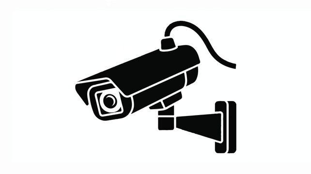 A black and white illustration of a security camera is mounted on a wall.