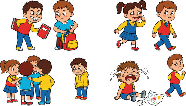School Bullying and Aggressive Kids Behavior Set with Cartoon Children Characters Experiencing Teasing Crying Social Exclusion and Emotional Conflict