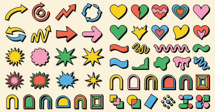 Abstract Y2K Graphic Element Collection: Retro Geometric Shapes, Colorful Hearts, Funky Arrows, and Pop Art Vector Icons