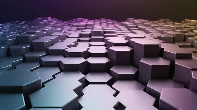 Abstract close-up of layered hexagonal tiles forming a wavy 3d surface with soft purple and blue gradient lighting
