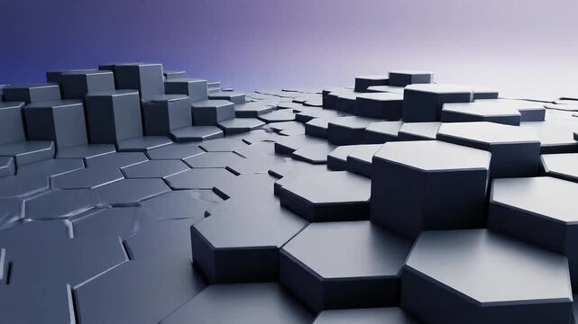 3d abstract landscape of interlocking hexagonal blocks in bluish gray, layered at different heights with soft purple gradient sky.