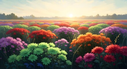 Fototapeta premium Vibrant Colorful Flower Field Landscape At Sunset With Painterly Artistic Illustration