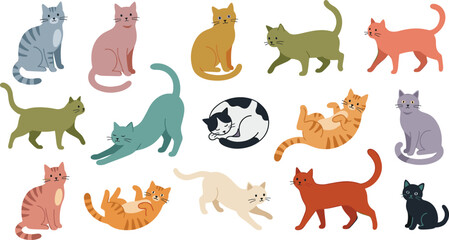 Obraz premium Large Collection of Diverse Cartoon Cat Characters in Various Poses Including Stretching Sleeping and Walking for Pet Care Branding Creative Stickers and Childrens Pattern Designs