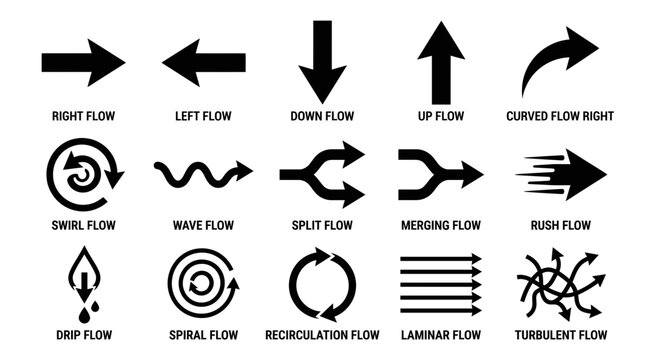 Black and white flow direction arrows and symbols for fluid dynamics