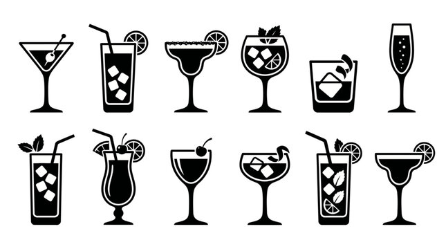Black and white of wine glasses, barrels, delivery trucks, and shipping symbols bottle