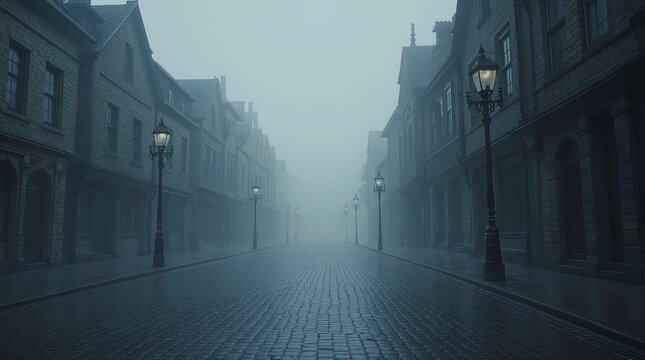 Foggy Victorian-era street at dawn empty wet cobblestone road stretching into the distance, symmetrical old stone buildings on both sides, AI Generative