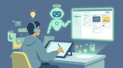 Naklejka premium Digital artist using tablet with artificial intelligence assistant