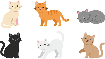 Fototapeta premium Set of Six Adorable Cartoon Cat Characters in Various Poses Including Sitting Sleeping and Stretching for Pet Shop Branding Animal Stickers and Childrens Digital Graphic Designs