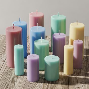 Colecci&oacute;n de velas artesanales en colores pastel suaves sobre una superficie de madera r&uacute;stica con una iluminaci&oacute;n natural y delicada, soja, bienestar, fragancia