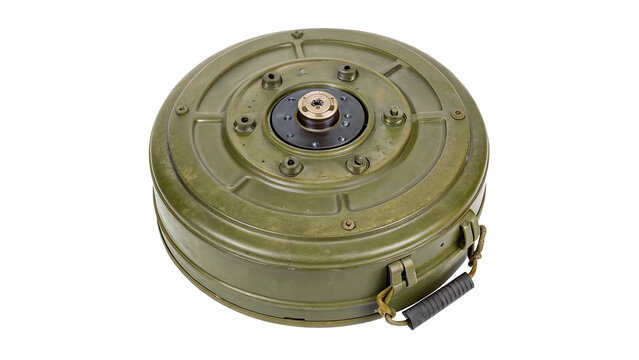 Green round military anti tank land mine or explosive device for defense and army combat operations on transparent background