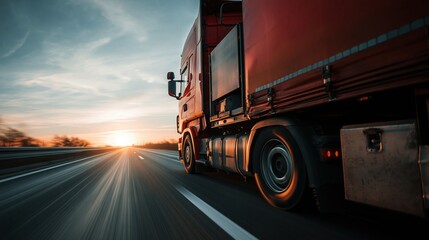 Naklejka premium Red Semi Truck Driving on Highway at Sunset with Motion Blur Effect, Global Logistics