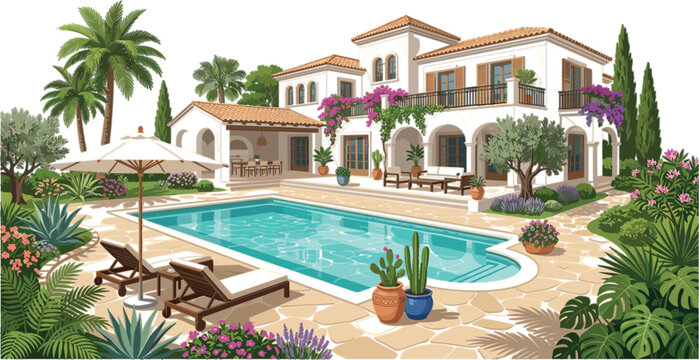 Luxury Mediterranean Villa with Swimming Pool, Tropical Garden, Palm Trees, and Elegant Resort Landscape Illustration for Vacation Lifestyle Design
