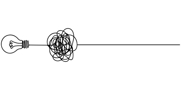light bulb tangled, chaotic scribble. continuous one line drawing, One continuous line drawing of way from chaotic to simplicity and lightbulb. Concept of problem solving and business solutions