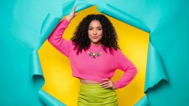 Stylish young woman in bright pink sweater and green skirt peeking through torn. A vibrant portrait of a young woman with curly hair, wearing a fashionable outfit, posing