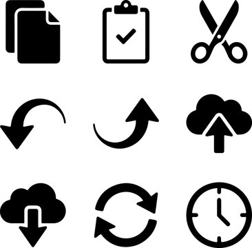 UI interface and cloud computing essential icon set with document clipboard scissors undo redo upload download refresh and clock sync symbols
