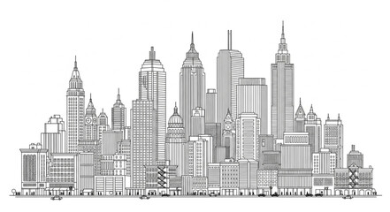 Fototapeta premium Hand drawn sketch of a modern city skyline with many skyscrapers.