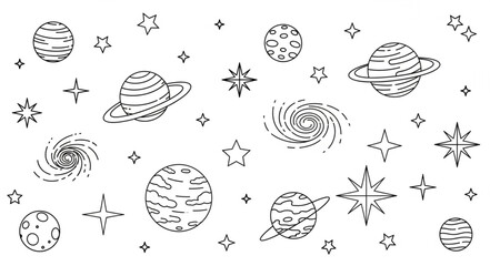 Hand drawn space elements including planets and stars. © Dandi