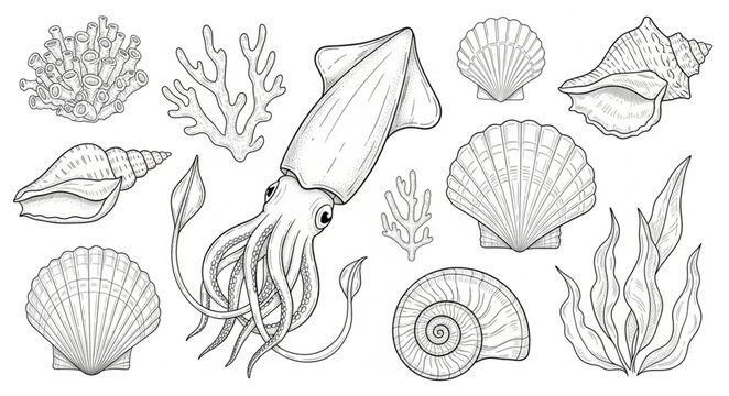 Hand Drawn Marine Life Collection Squid Shells Coral Seaweed.