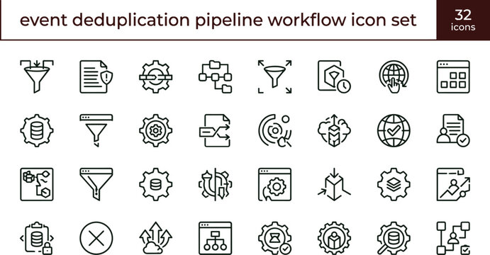 Event Deduplication Pipeline Workflow Icon Set Featuring Data Processing Automation Filtering and Intelligent System Optimization Concepts