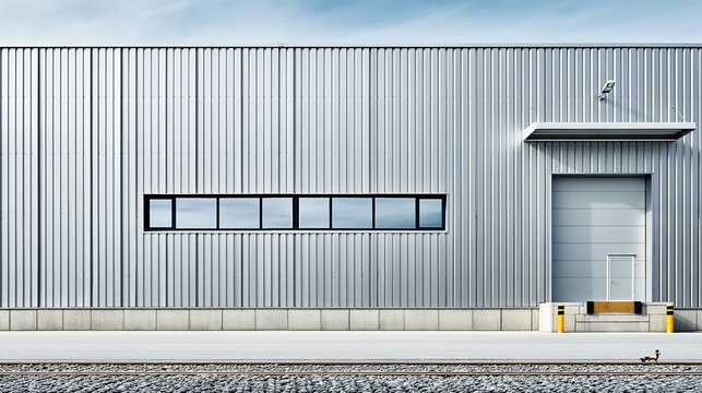 Modern industrial warehouse facade with corrugated metal siding, loading dock, and security camera under a clear sky