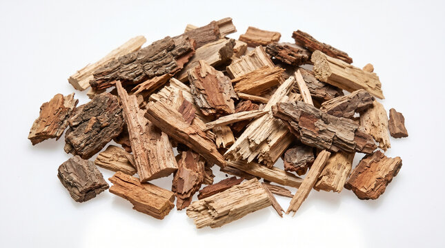 A pile of assorted wood chips and bark pieces isolated on white background for crafting or gardening purposes with various textures