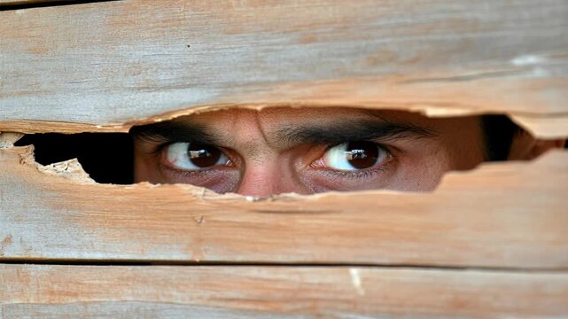 A man peeking through a hole in a wooden wall, eyes searching with a mysterious and curious look.