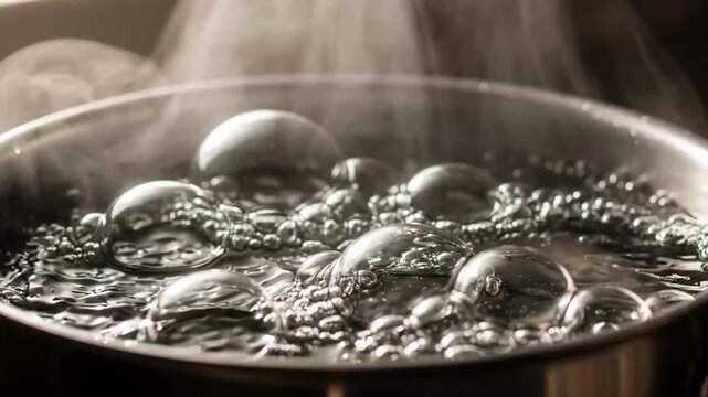 Boiling water creates intense bubbles and steam inside a metallic pot which demonstrates the high heat process of cooking food.