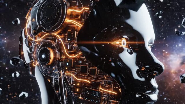 Cyborg head in space with glowing circuits ideal for tech startups and software promos
