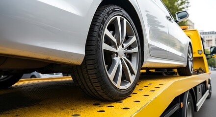 Silver car on yellow tow truck vehicle